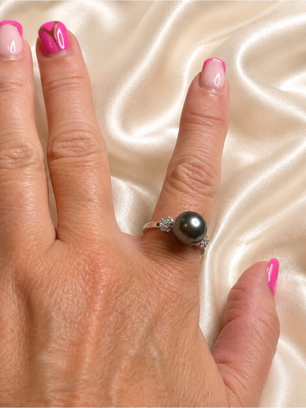 STS 925 Sterling Silver Tahitian Black Cultured Pearl Genuine Diamond Ring Sz 8